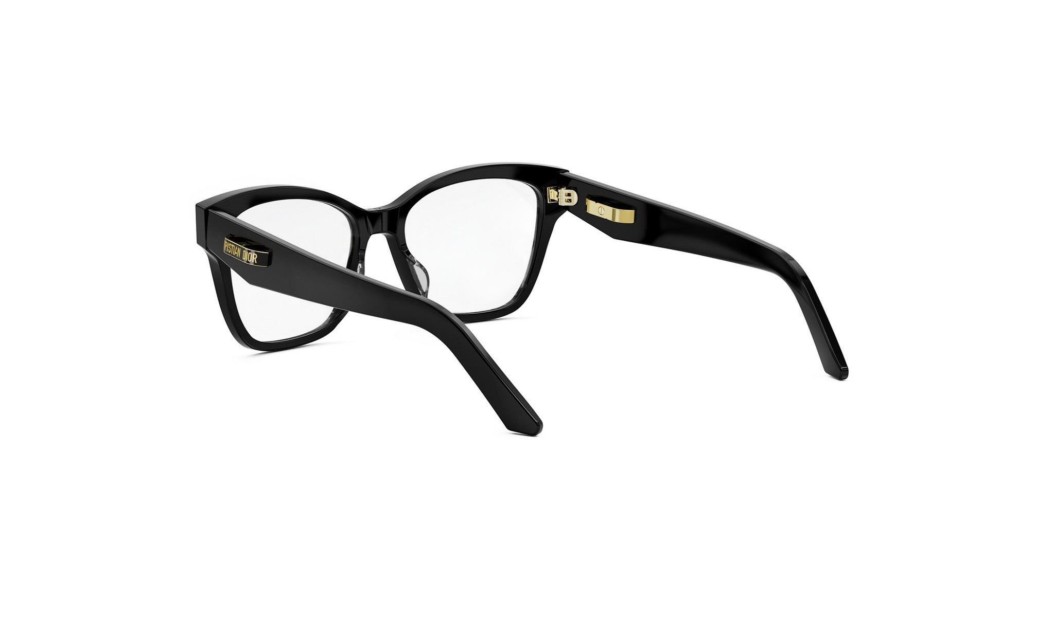 A pair of black-framed glasses with gold accents, positioned on a white background.