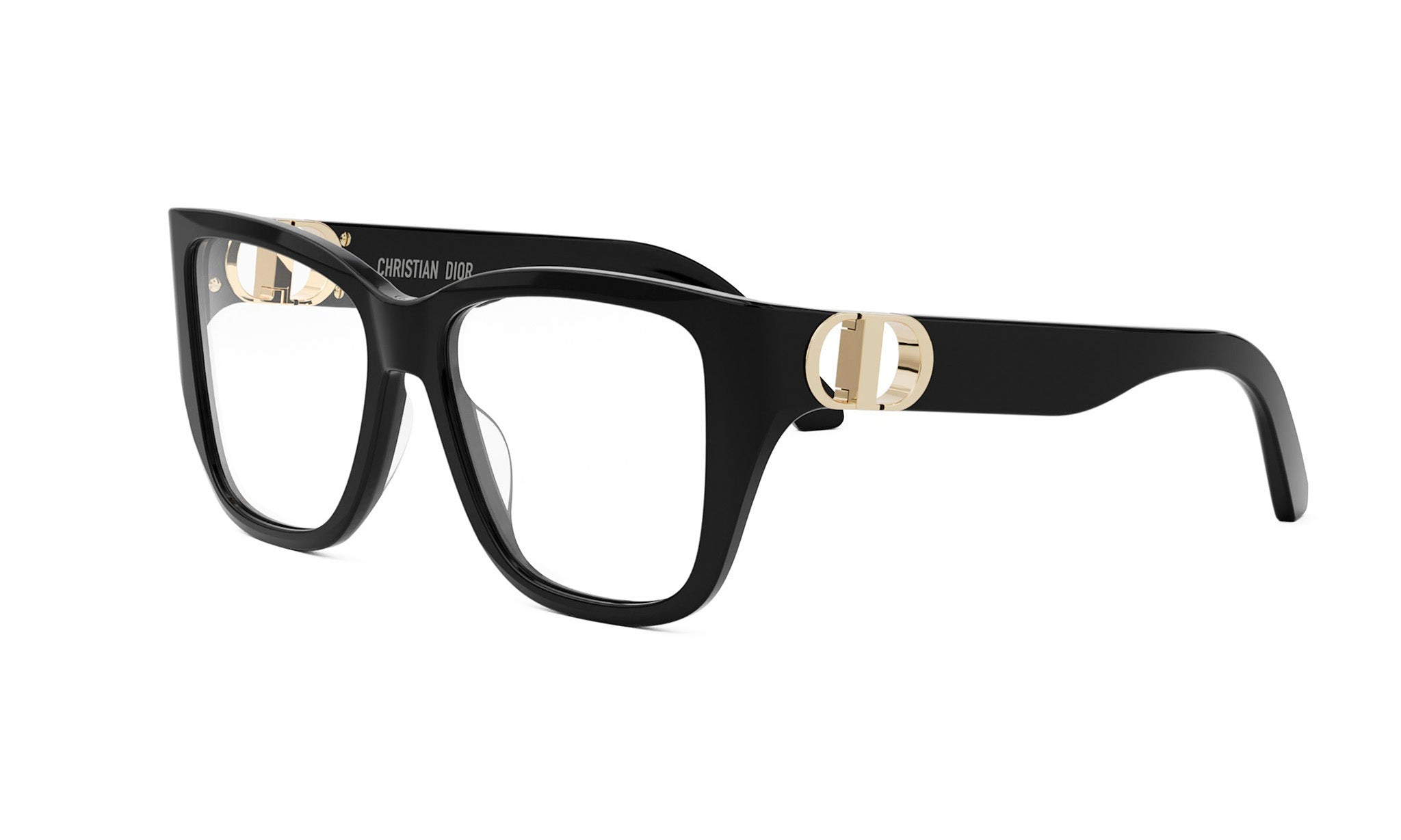 A pair of black-framed glasses with gold accents, featuring a logo on the temples.