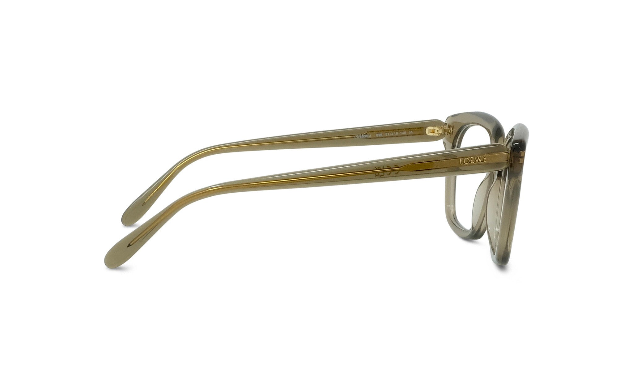 A pair of brown-tinted eyeglasses with the LESS THAN 500 characters logo on the temples.