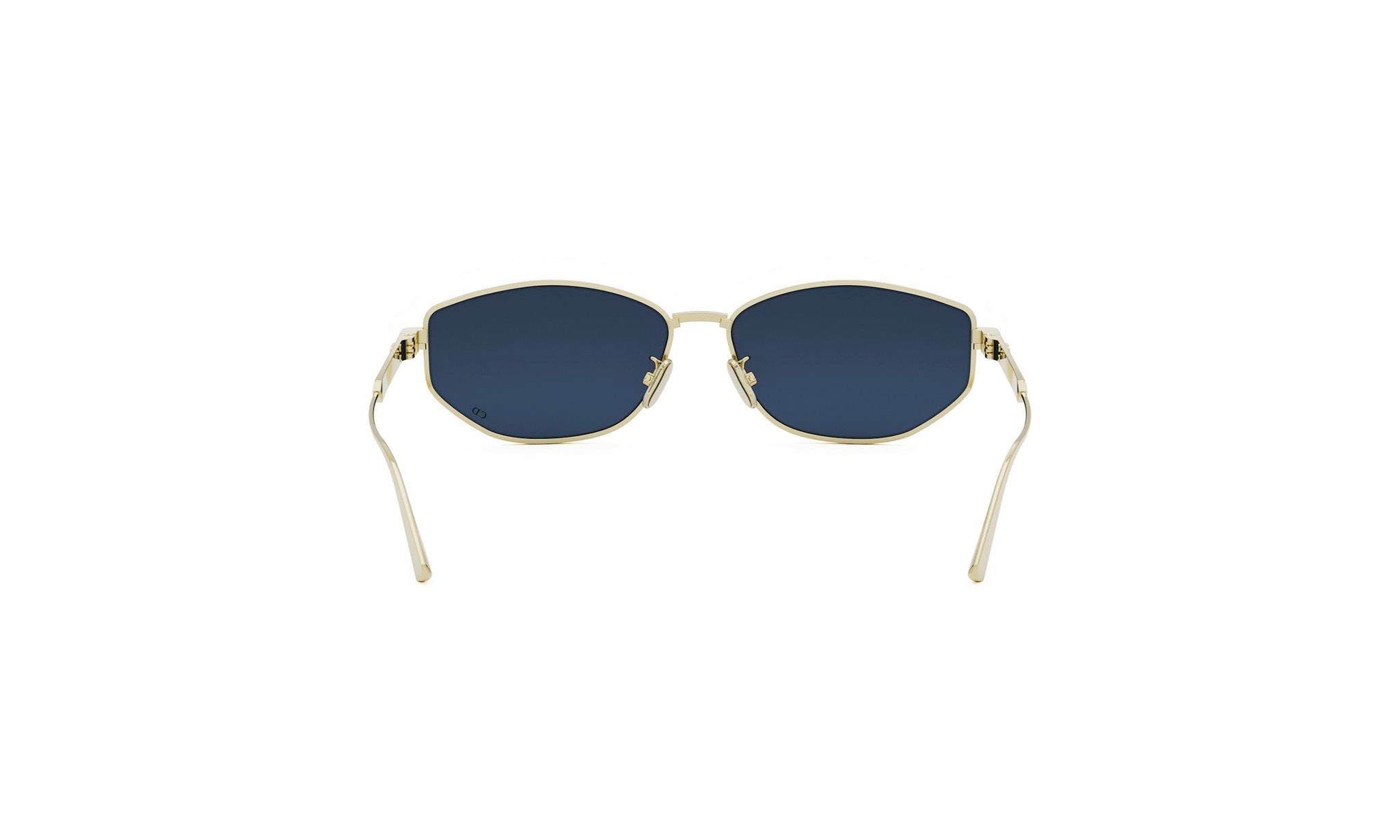 A pair of gold-colored sunglasses with dark blue lenses.