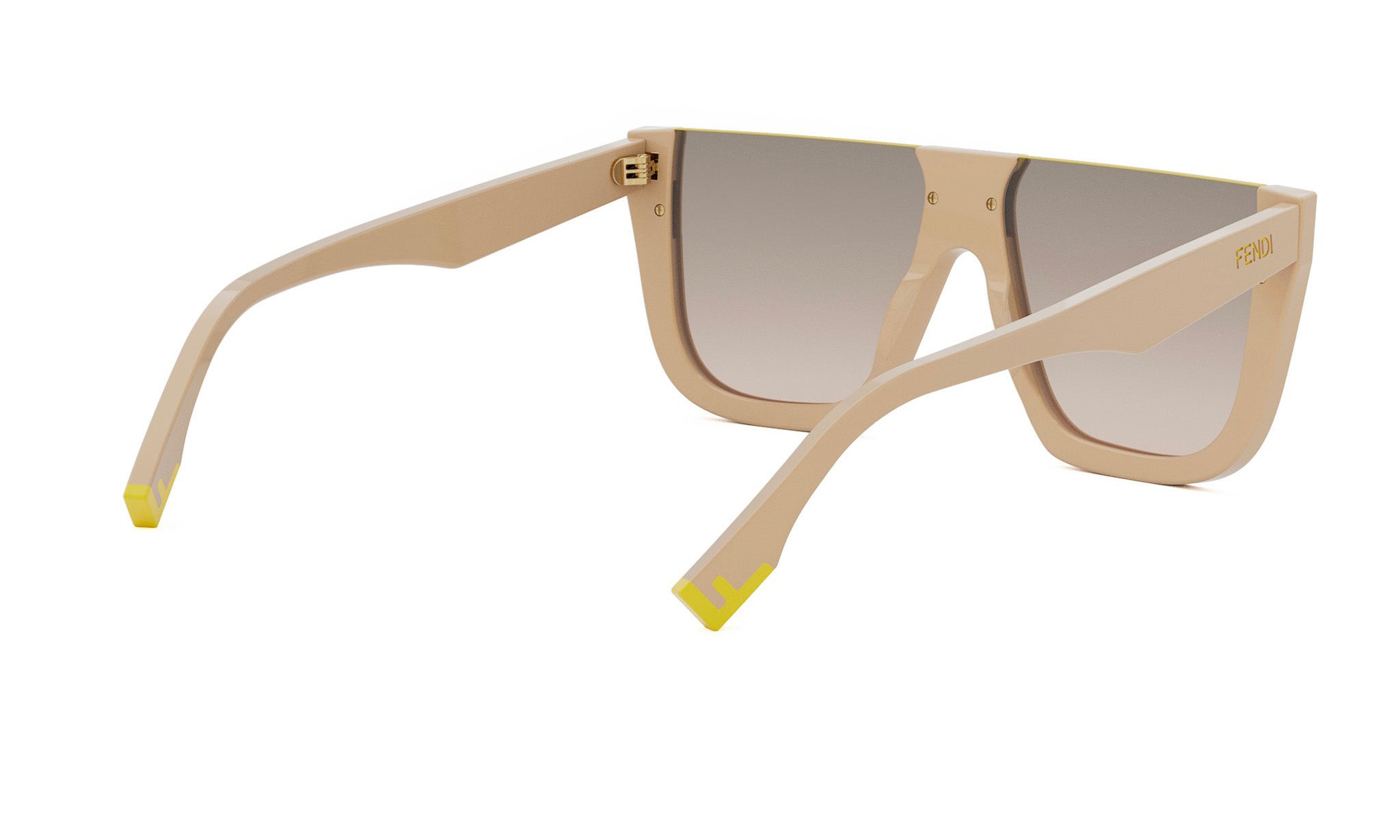 A pair of tan-colored sunglasses with yellow accents, featuring a sleek and modern design.