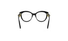 A pair of black-framed glasses with gold accents, positioned facing forward against a white background.