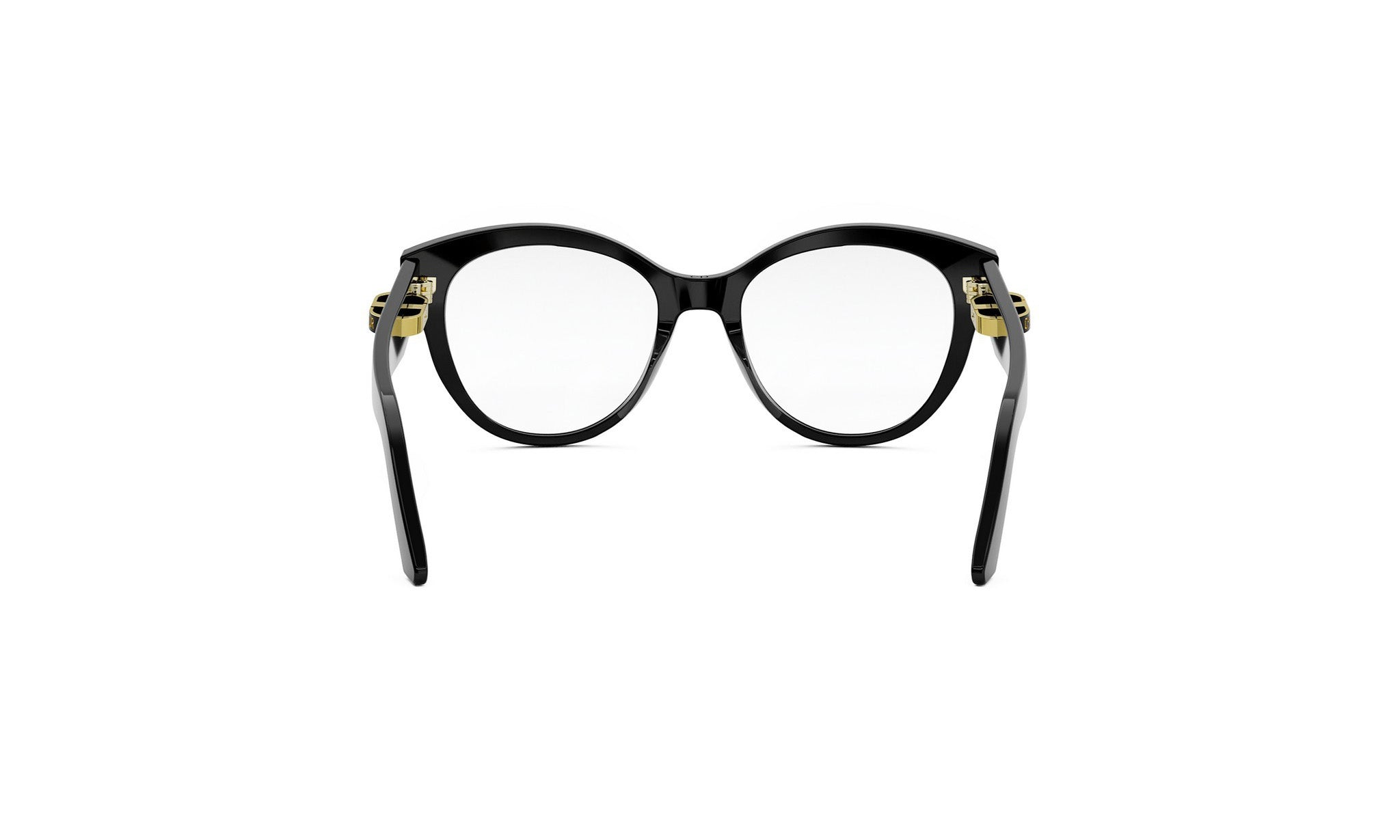 A pair of black-framed glasses with gold accents, positioned facing forward against a white background.