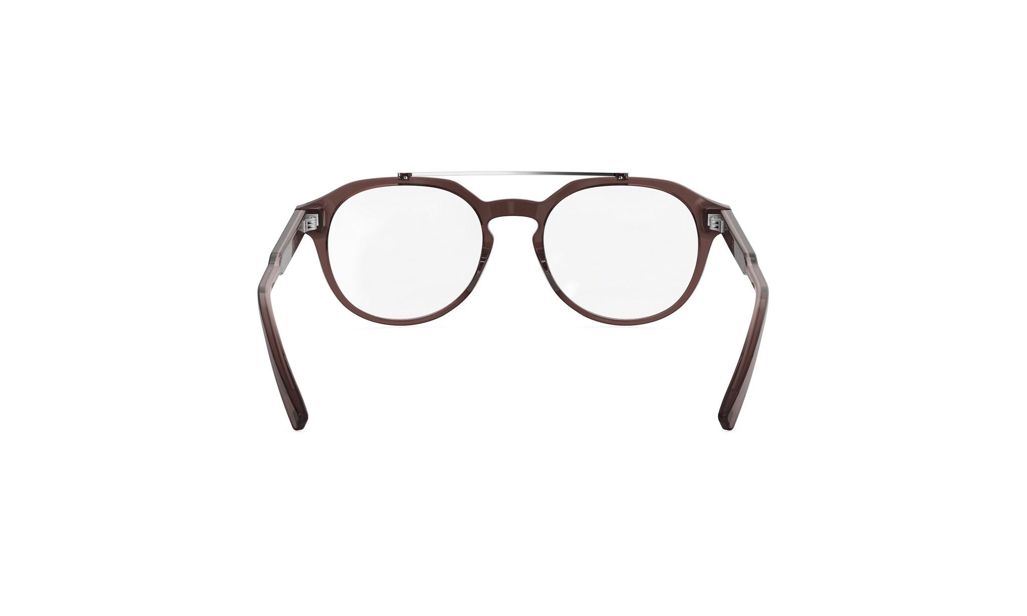 A pair of brown-framed glasses with a wire frame, positioned against a white background.