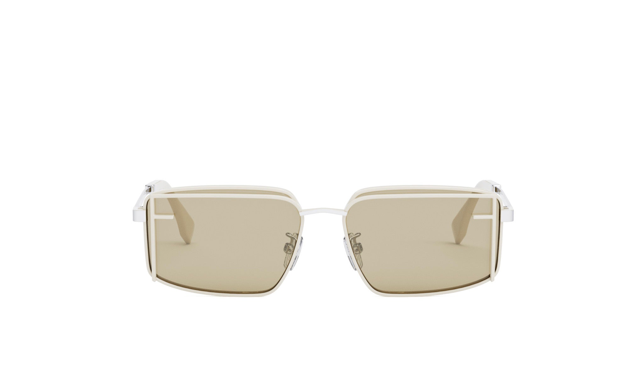 A pair of white rectangular sunglasses with a beige tinted lens.