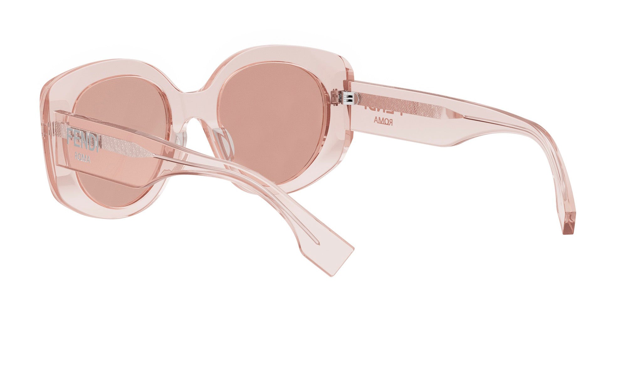 A pair of pink-tinted sunglasses with a clear frame and a curved nose.