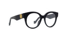 A pair of black-framed glasses with a gold logo on the side.