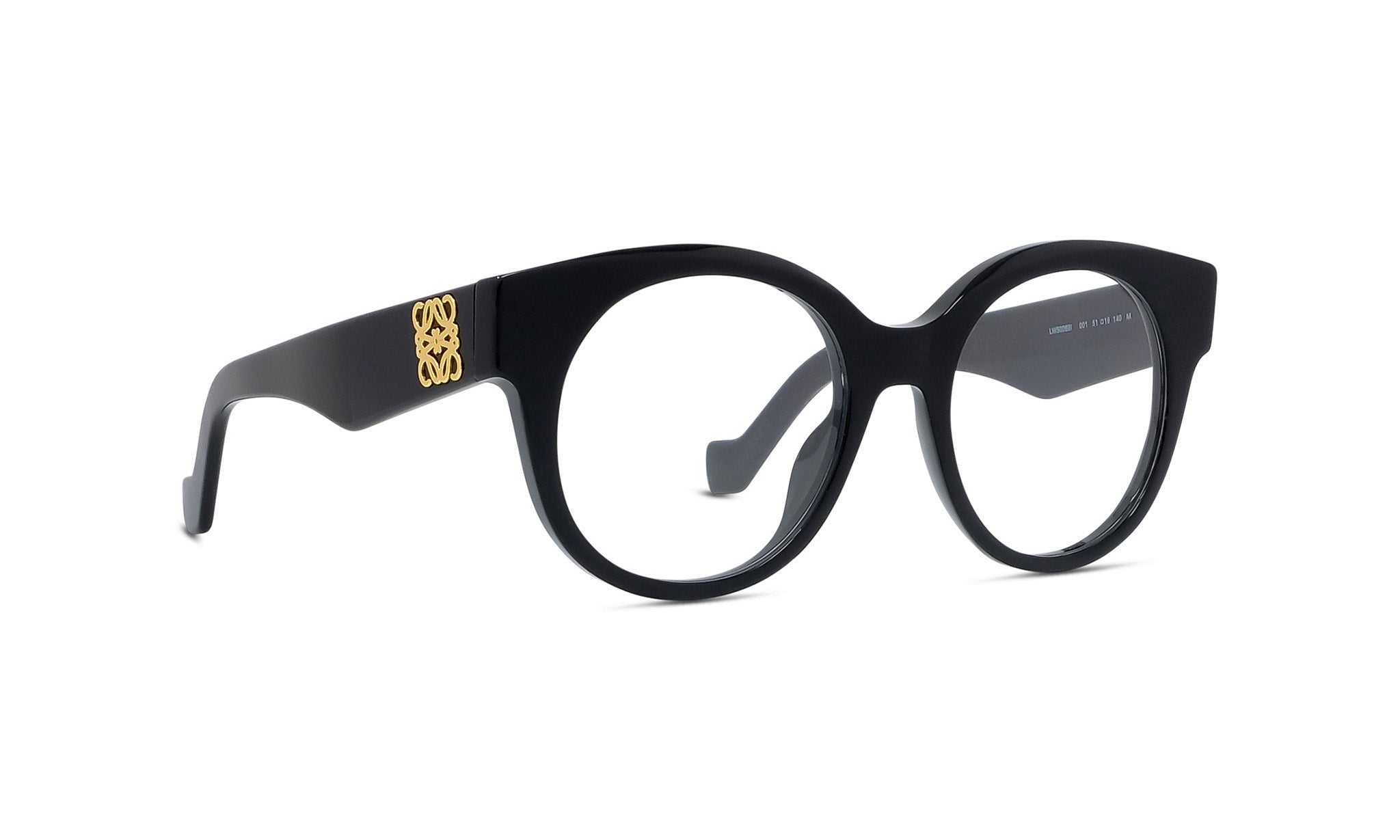 A pair of black-framed glasses with a gold logo on the side.