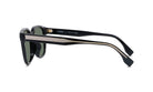 A pair of black sunglasses with a silver frame.