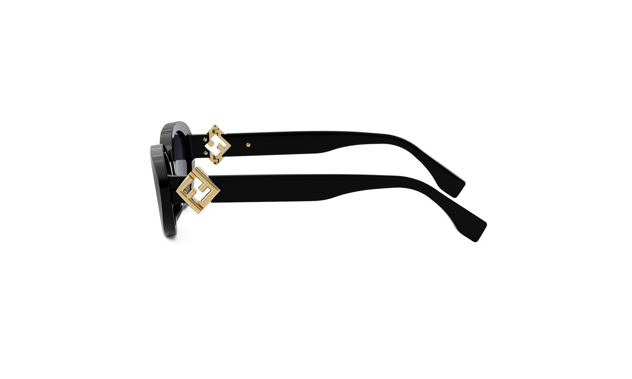 A pair of black sunglasses with gold accents, featuring a distinctive logo on the temples.