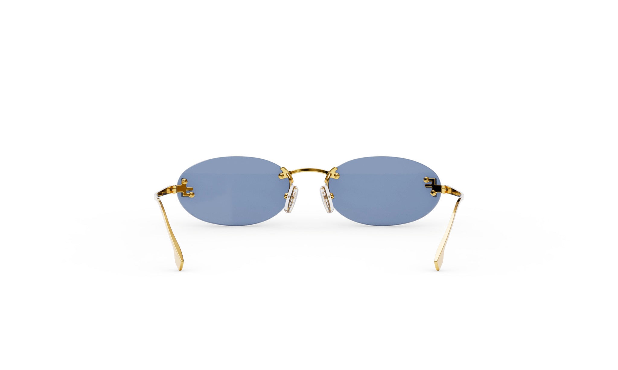 A pair of gold rimmed sunglasses with blue lenses, displayed against a white background.