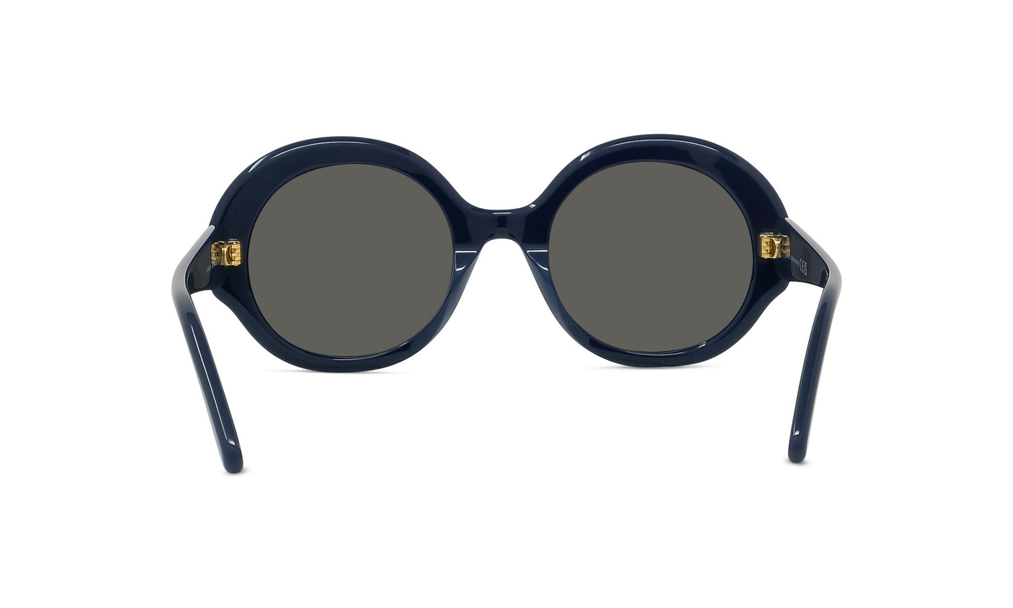 A pair of dark blue, round sunglasses with dark lenses.