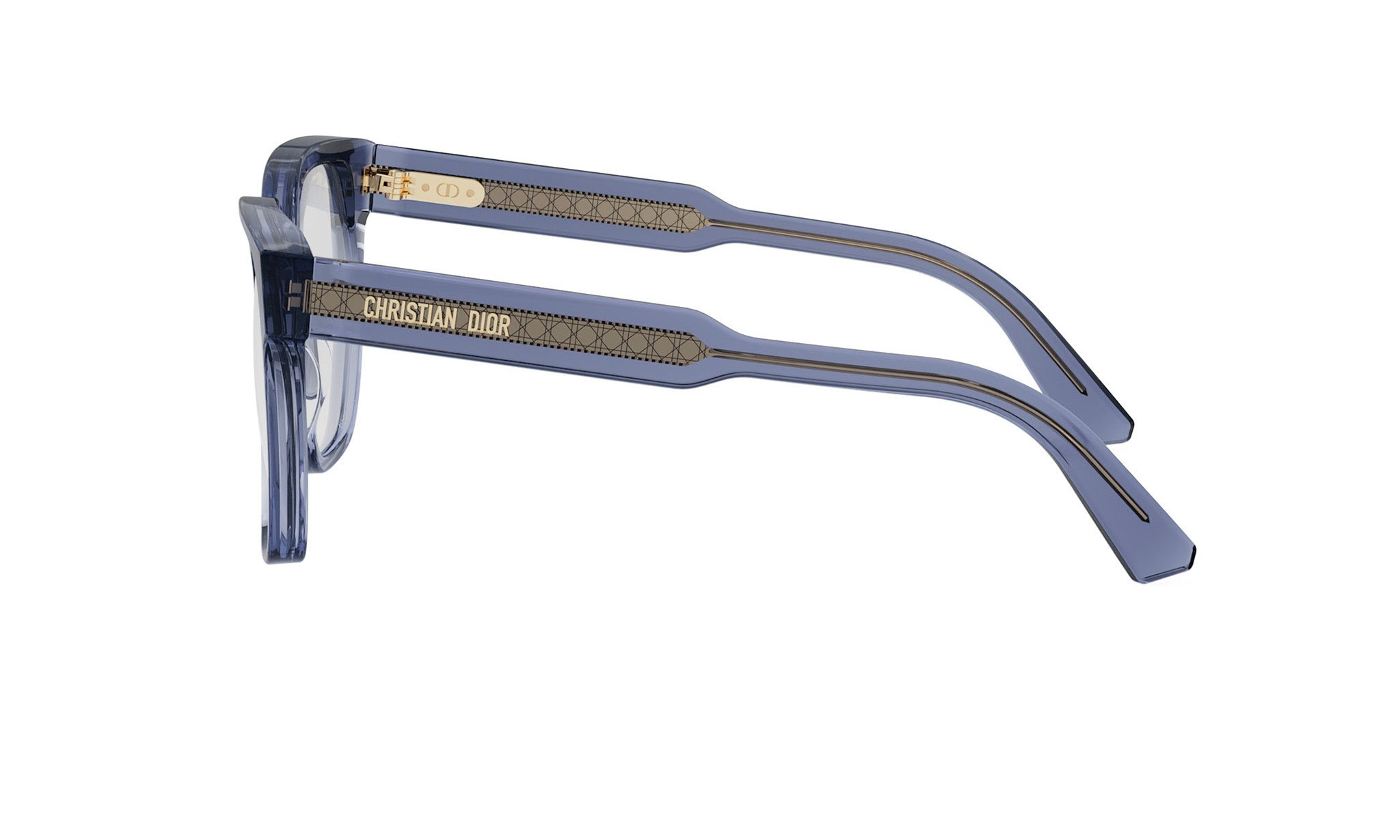 A pair of blue Christian Dior glasses with gold accents.