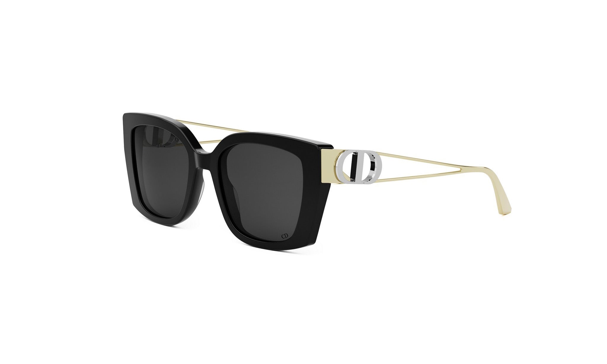 A pair of black sunglasses with a gold frame.