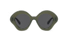 A pair of green-framed sunglasses with dark lenses.