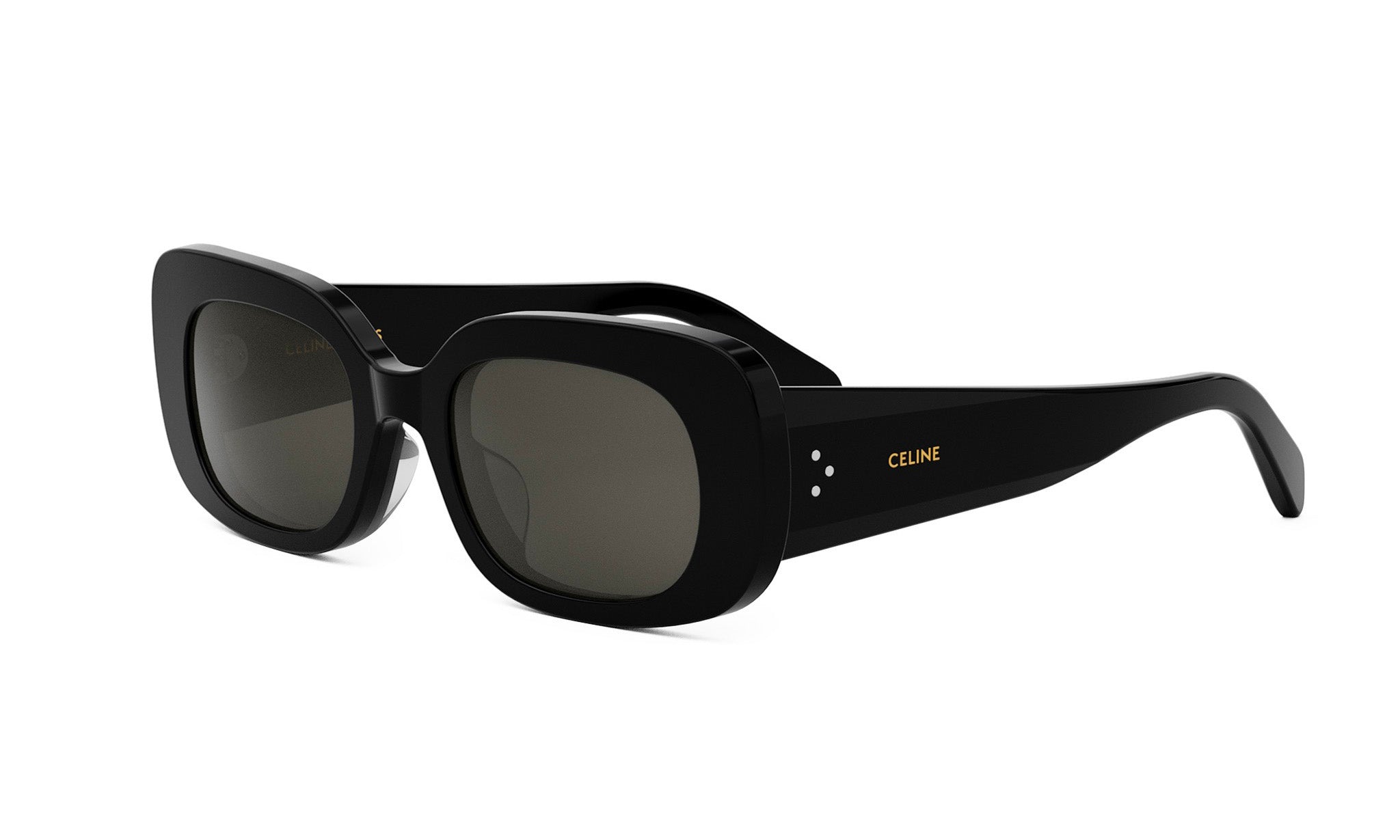 A pair of black sunglasses with the Celine logo on the frame.