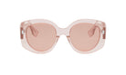 A pair of pink-tinted sunglasses with a round frame and dark lenses.