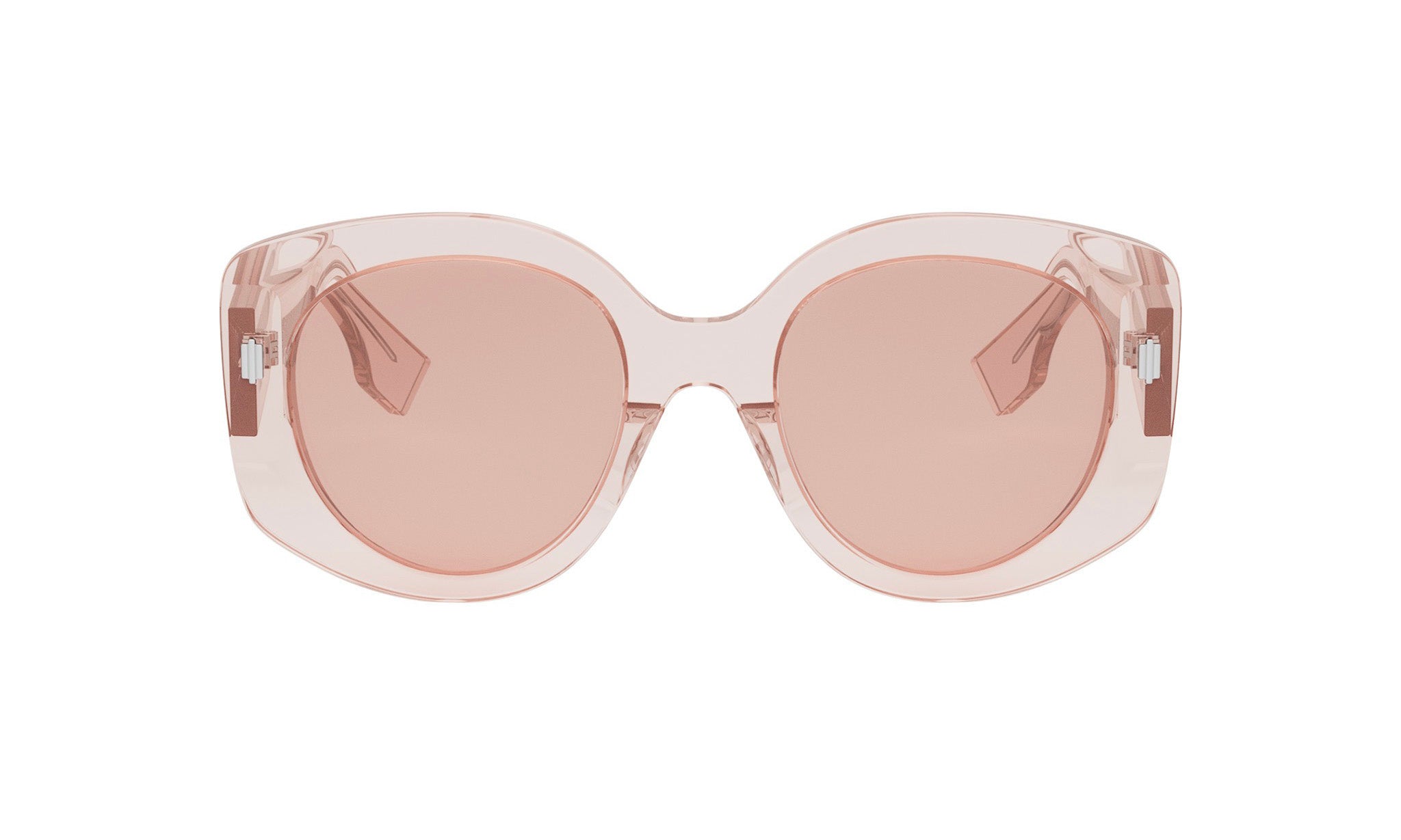A pair of pink-tinted sunglasses with a round frame and dark lenses.