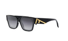 A pair of black sunglasses with a gold logo on the frame.