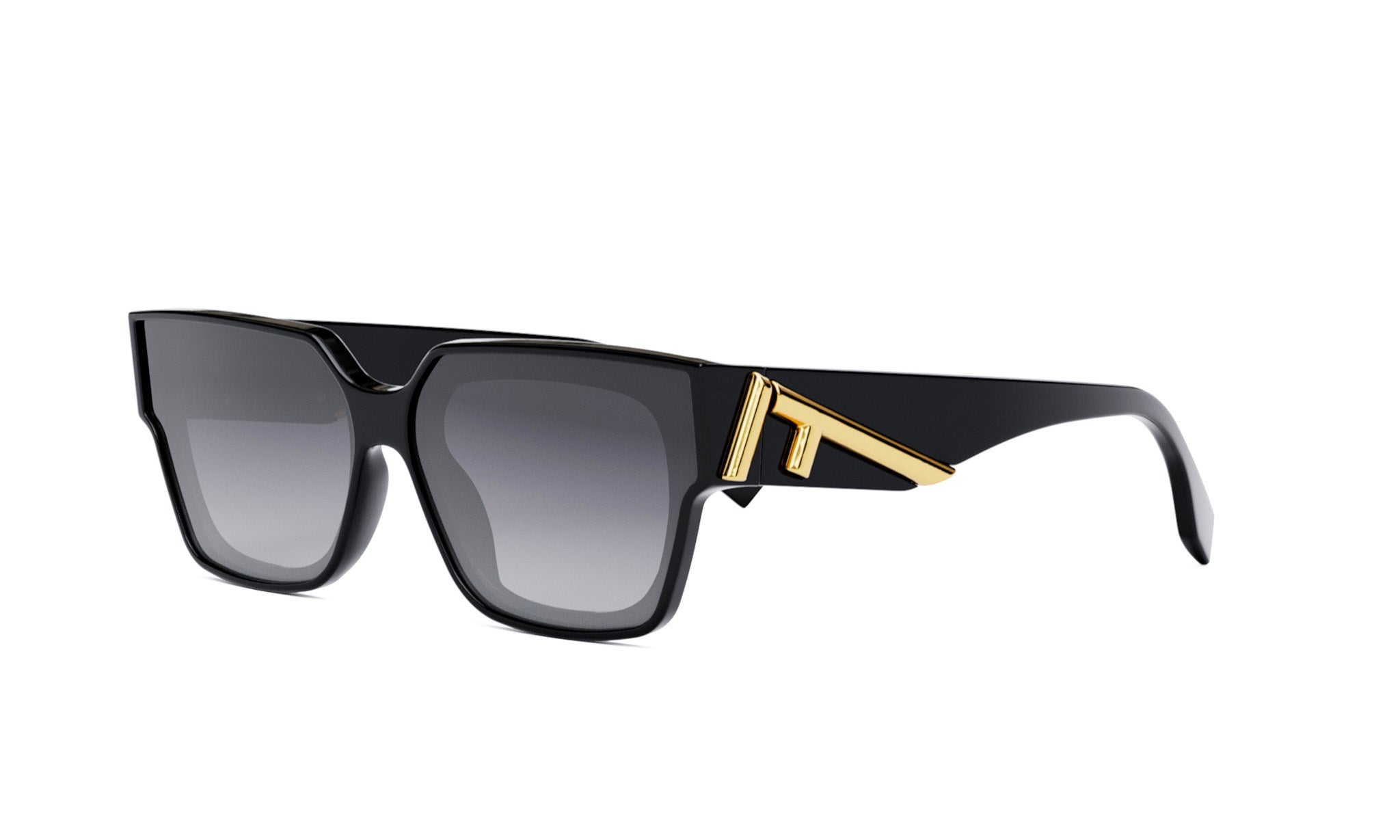 A pair of black sunglasses with a gold logo on the frame.