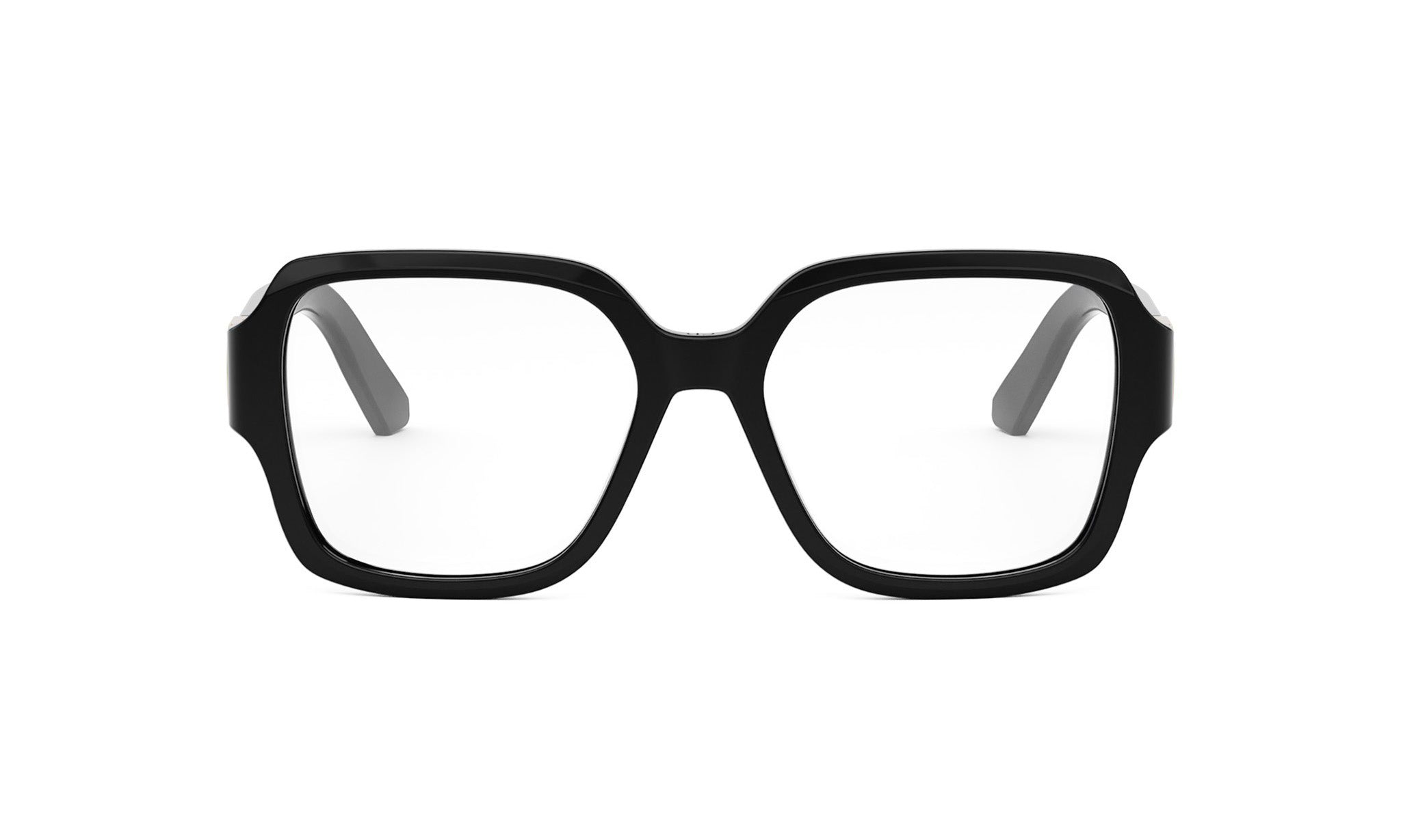A pair of black-framed glasses with clear lenses, set against a white background.