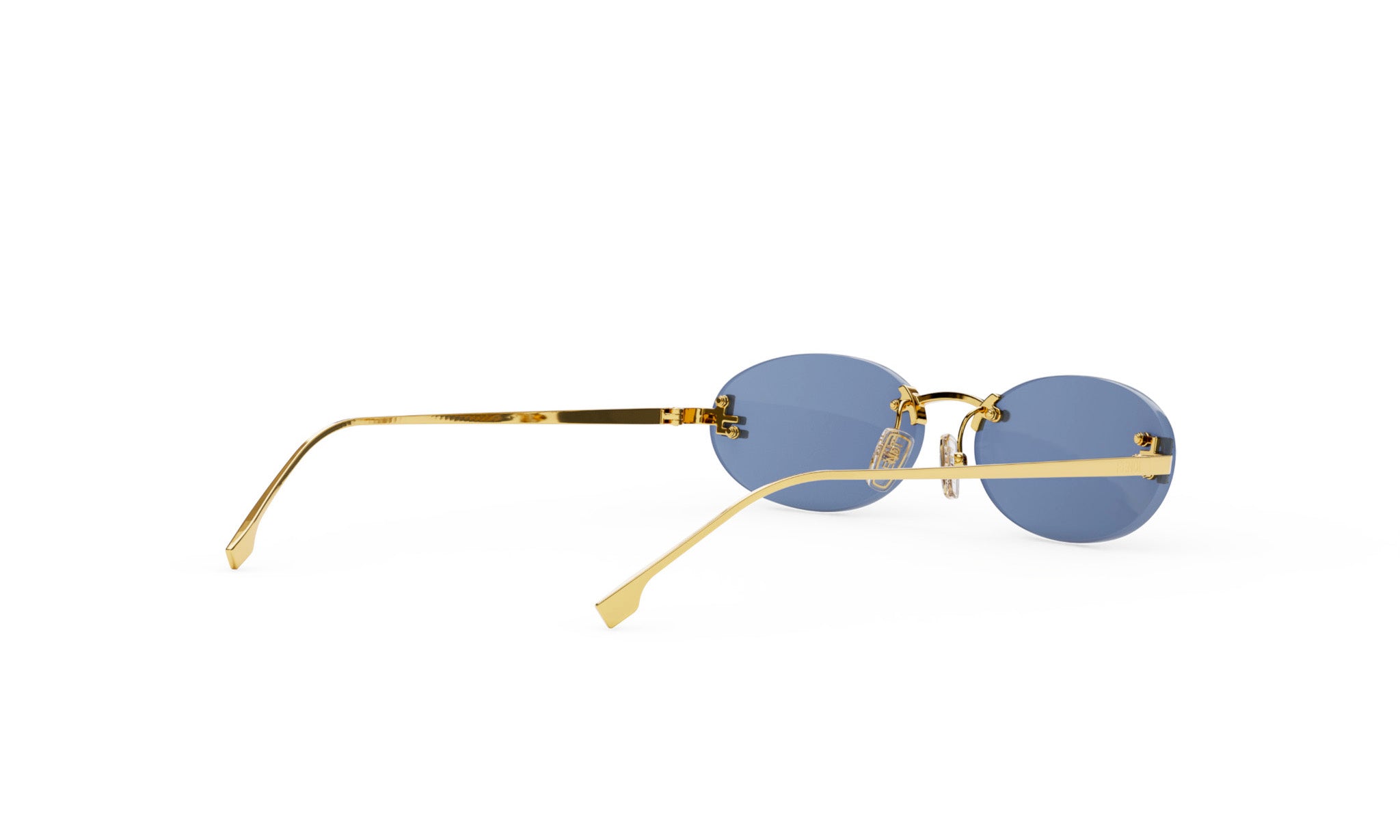 A pair of gold-framed sunglasses with blue lenses is shown against a white background.