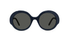 A pair of dark blue, round sunglasses with dark lenses.