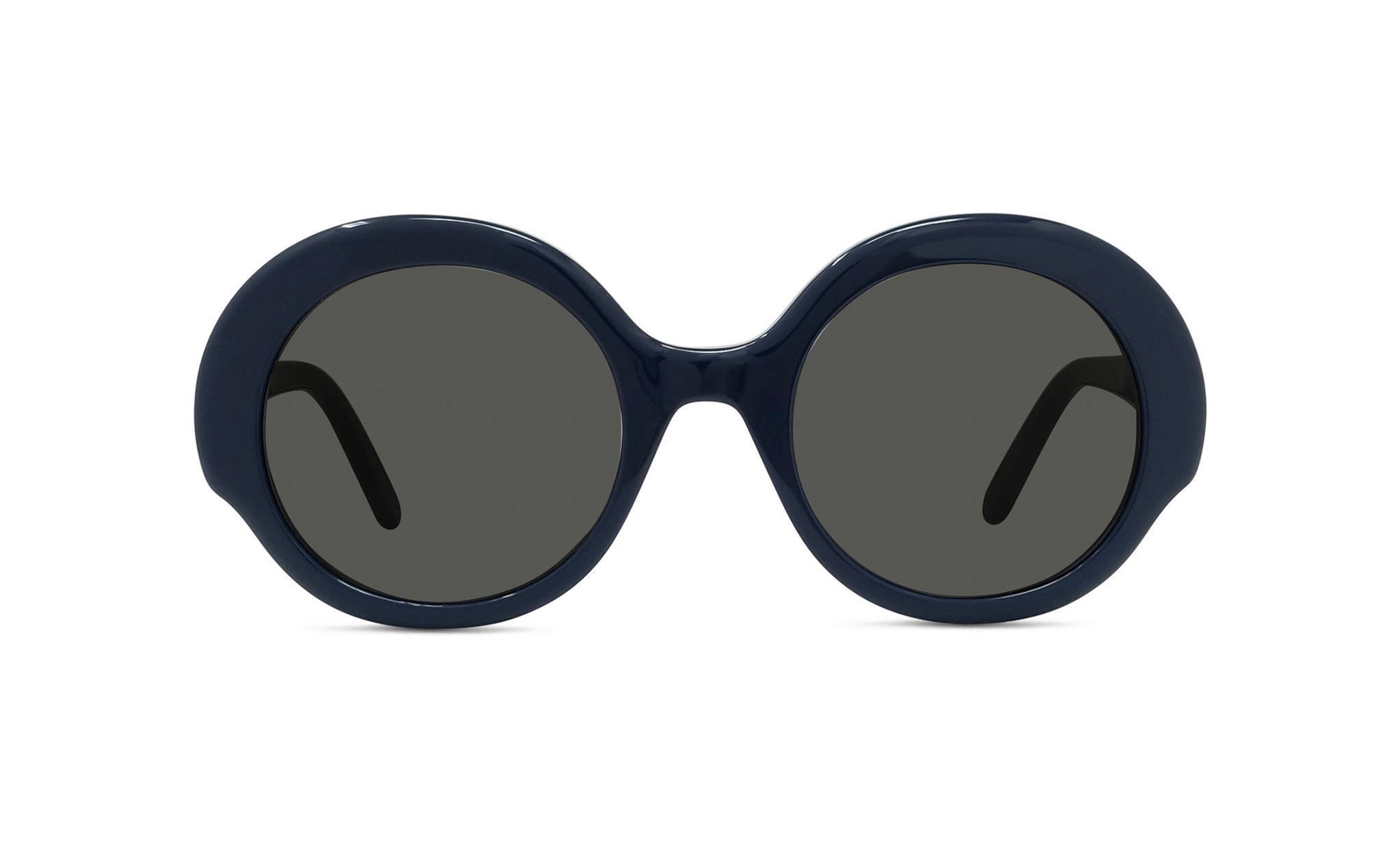 A pair of dark blue, round sunglasses with dark lenses.