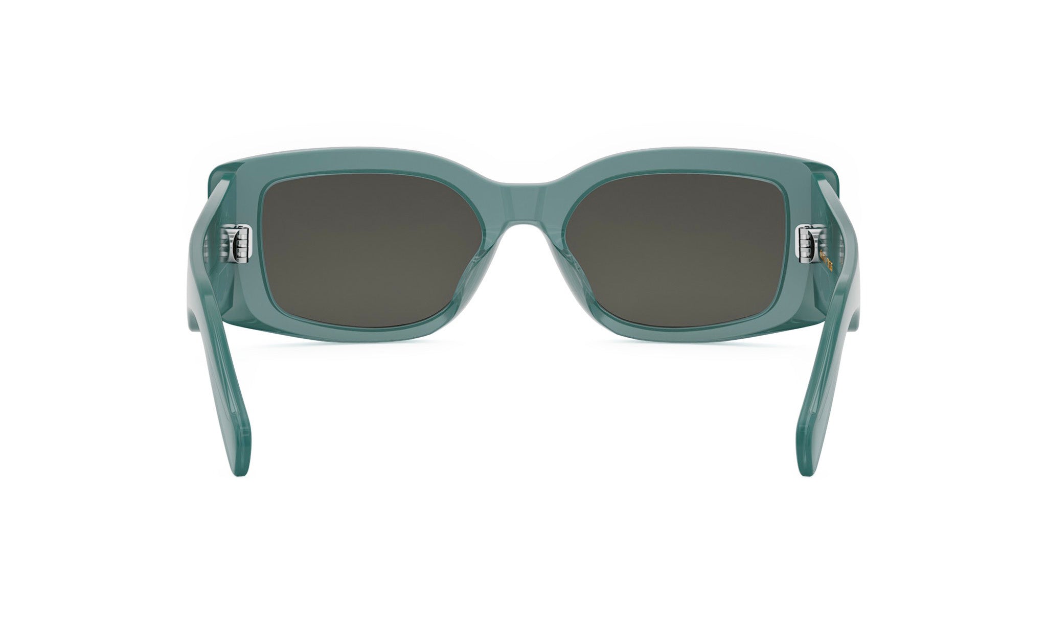 A pair of green-framed sunglasses with dark lenses.