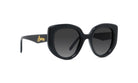 A pair of black cat-eye sunglasses with a gold "Love" logo on the frame.