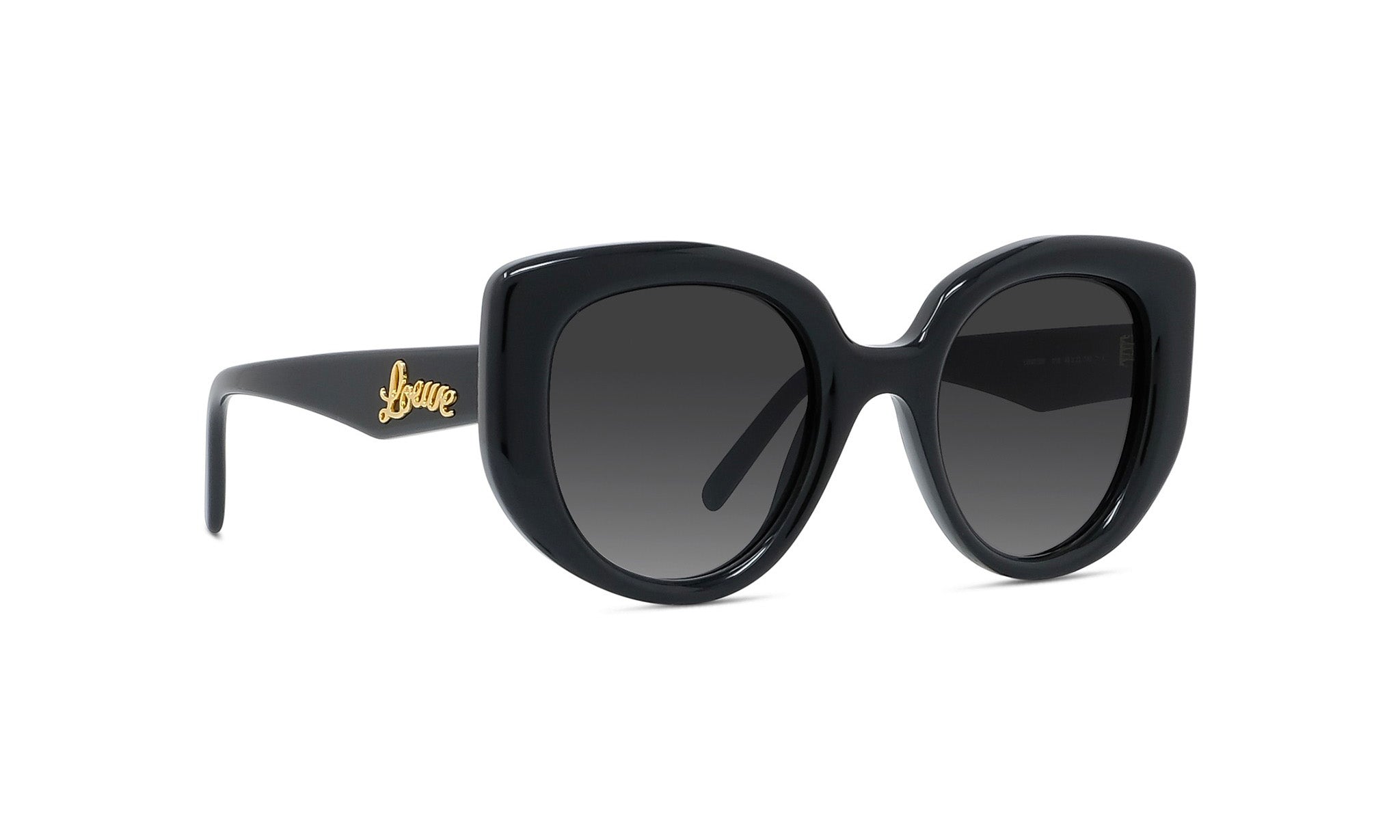 A pair of black cat-eye sunglasses with a gold "Love" logo on the frame.