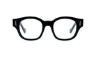 A pair of black-framed glasses with gold accents.