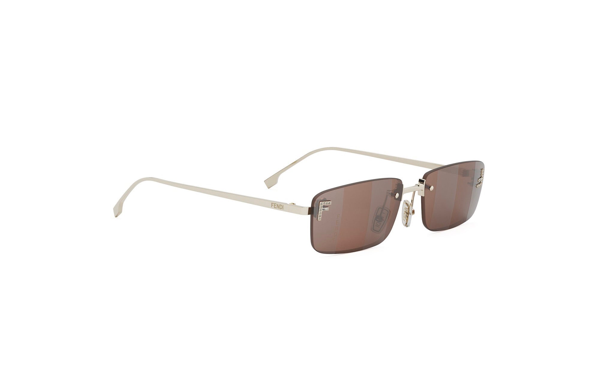 A pair of brown framed sunglasses with a white frame, displayed against a white background.