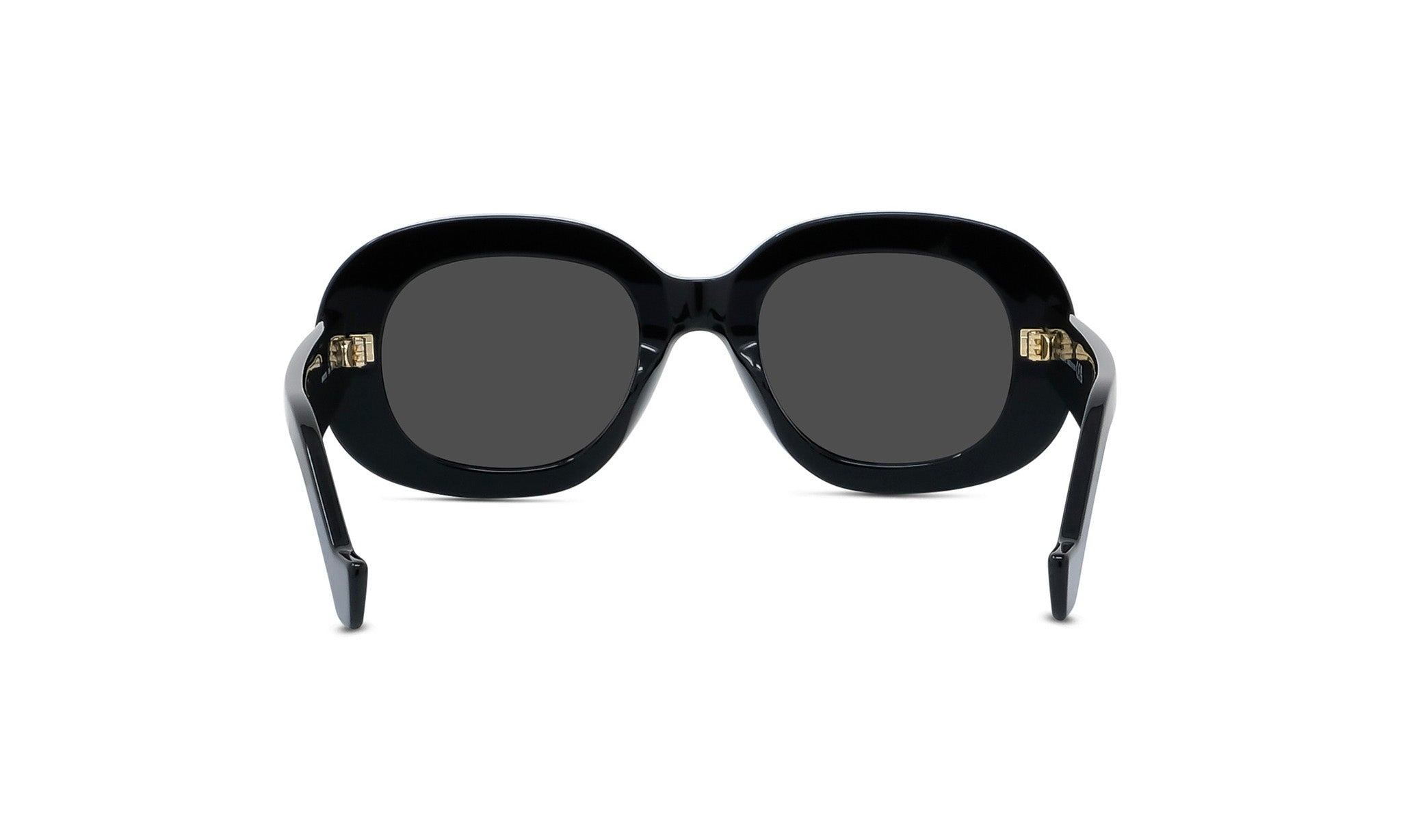 A pair of black sunglasses with dark lenses.