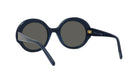 A pair of dark blue, round sunglasses with dark lenses.