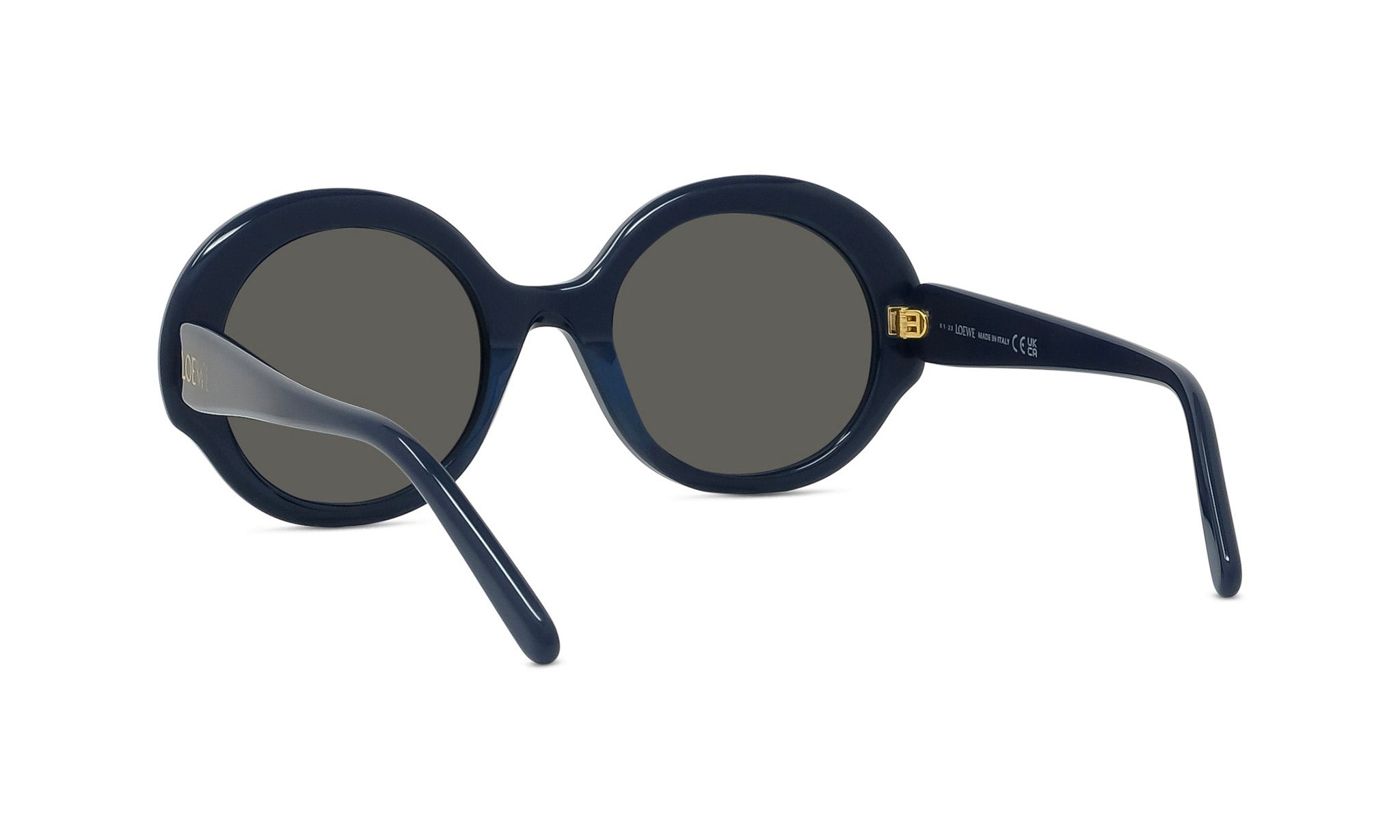 A pair of dark blue, round sunglasses with dark lenses.
