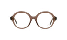 A pair of brown-framed glasses with clear lenses, set against a white background.