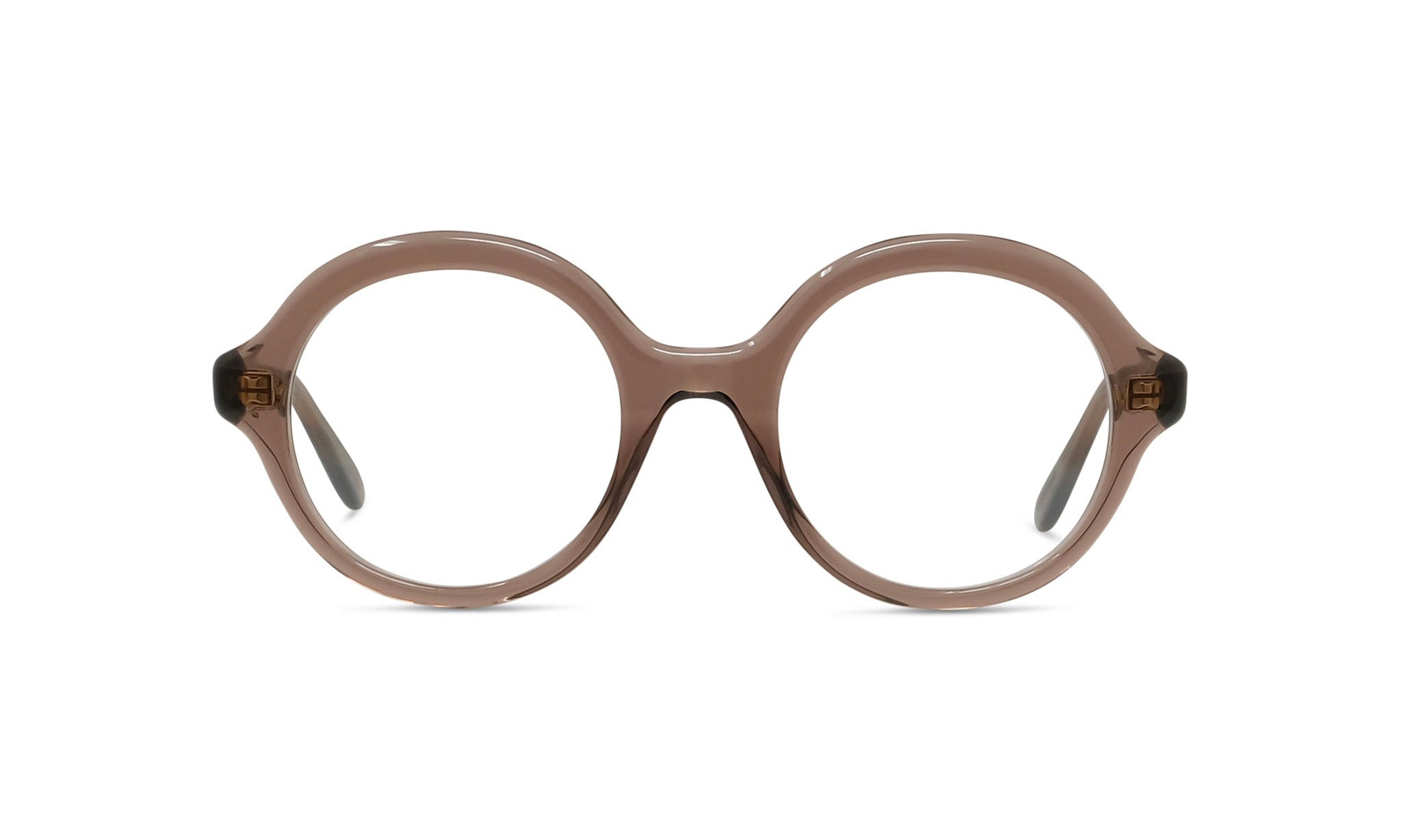 A pair of brown-framed glasses with clear lenses, set against a white background.