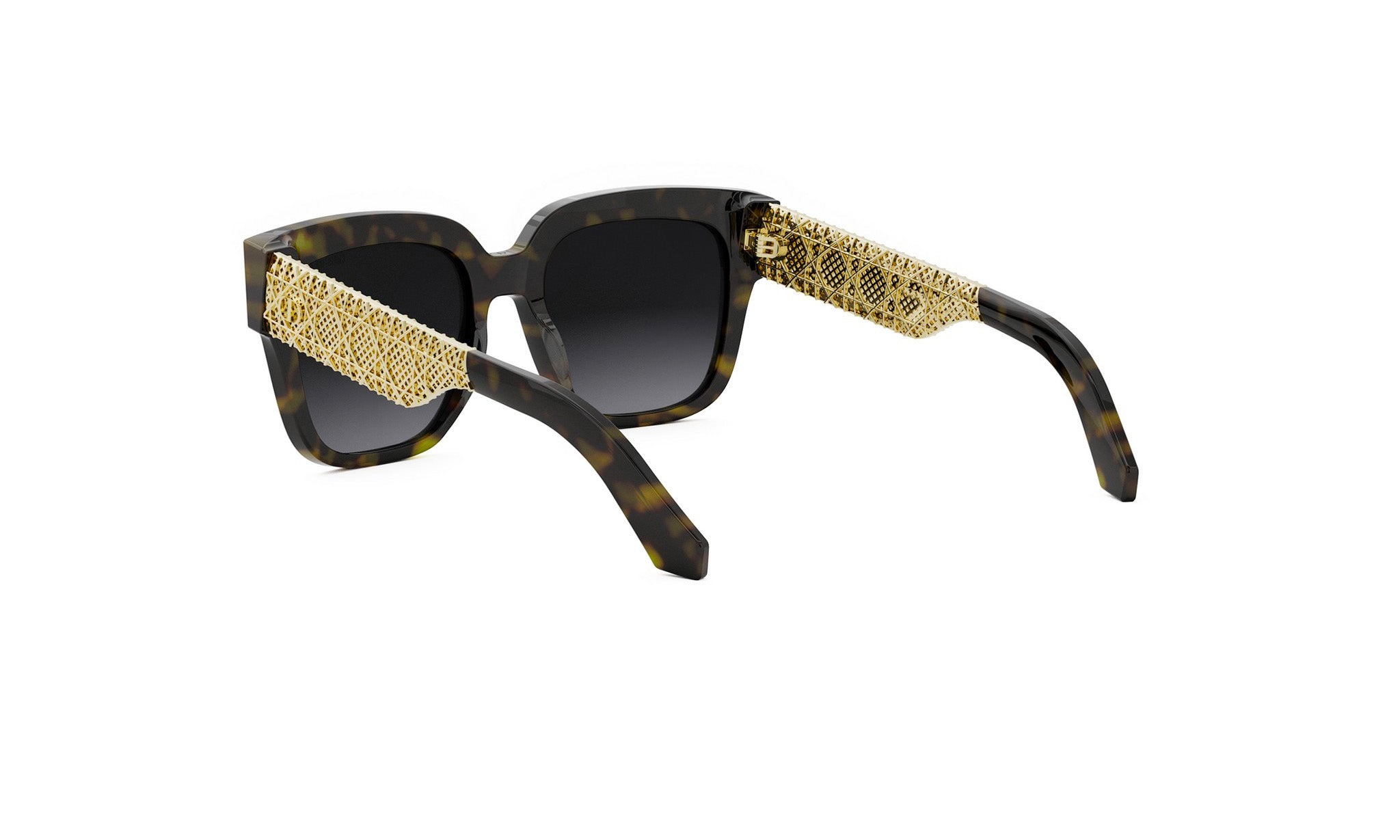 A pair of stylish sunglasses with gold-colored frames and black lenses.