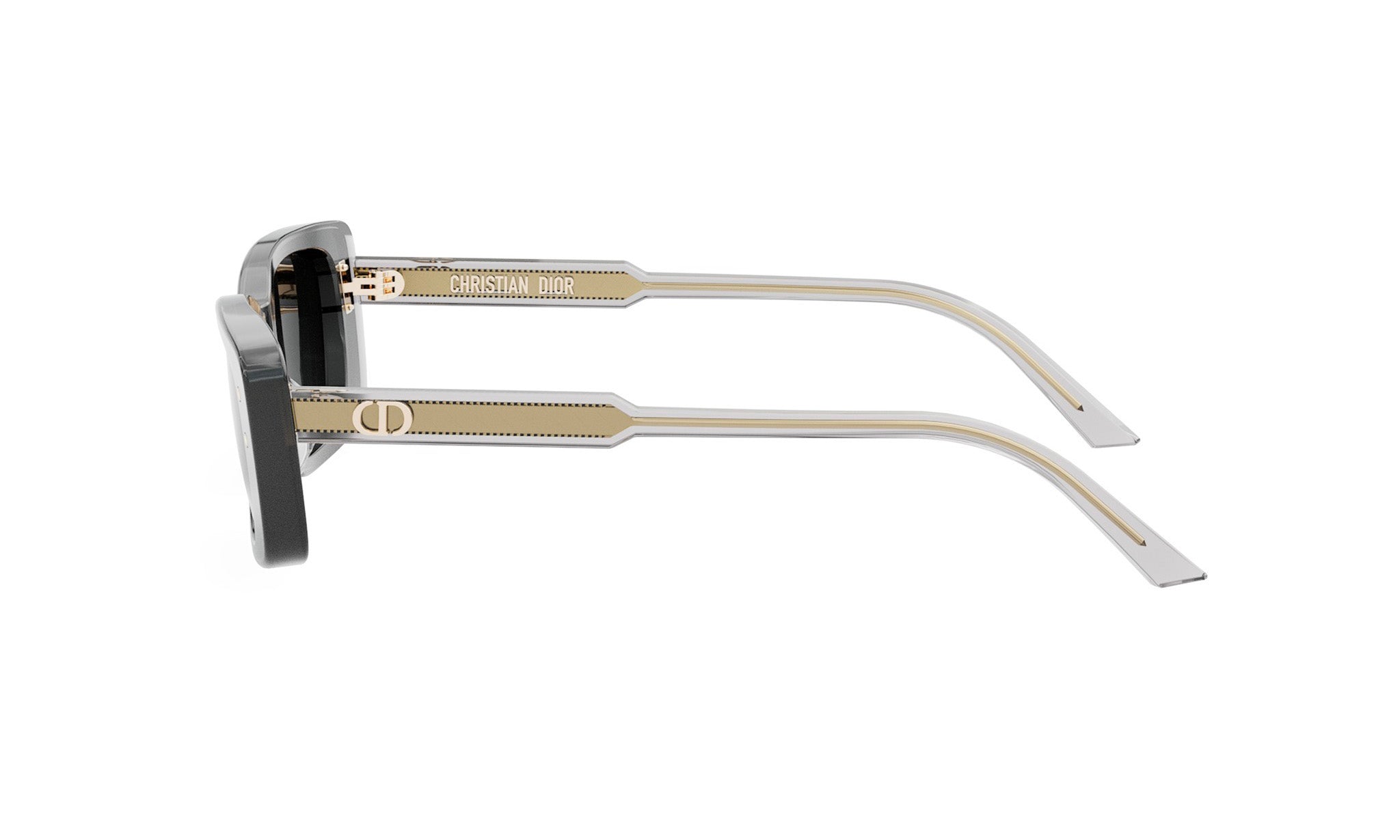 A pair of sunglasses with a gold-colored frame and black lenses.