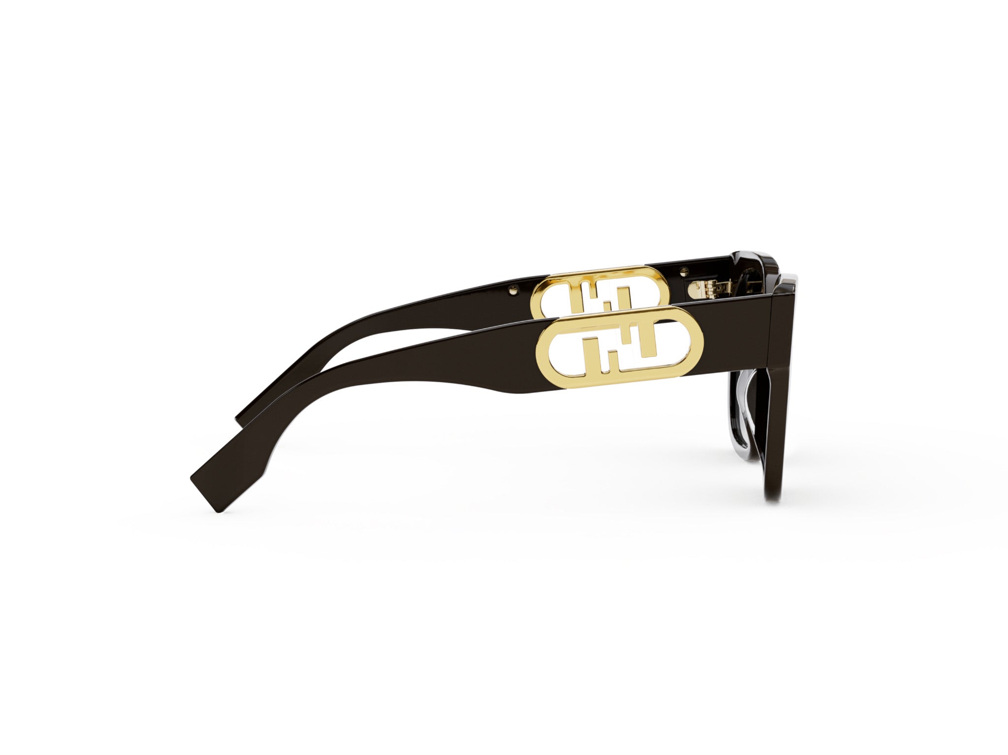 A pair of black sunglasses with gold lettering on the frame.
