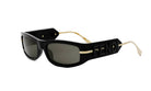 A pair of black sunglasses with gold accents and the Fendi logo on the frame.