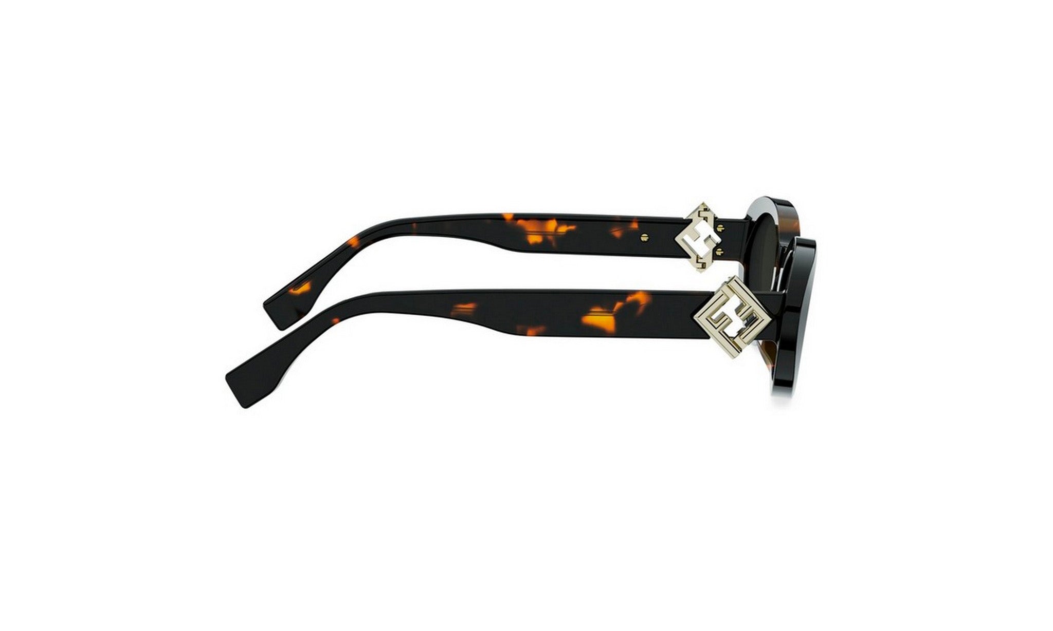 A pair of sunglasses with a tortoiseshell frame and a geometric pattern on the temples.