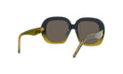 A pair of stylish sunglasses with a dark frame and gold accents.
