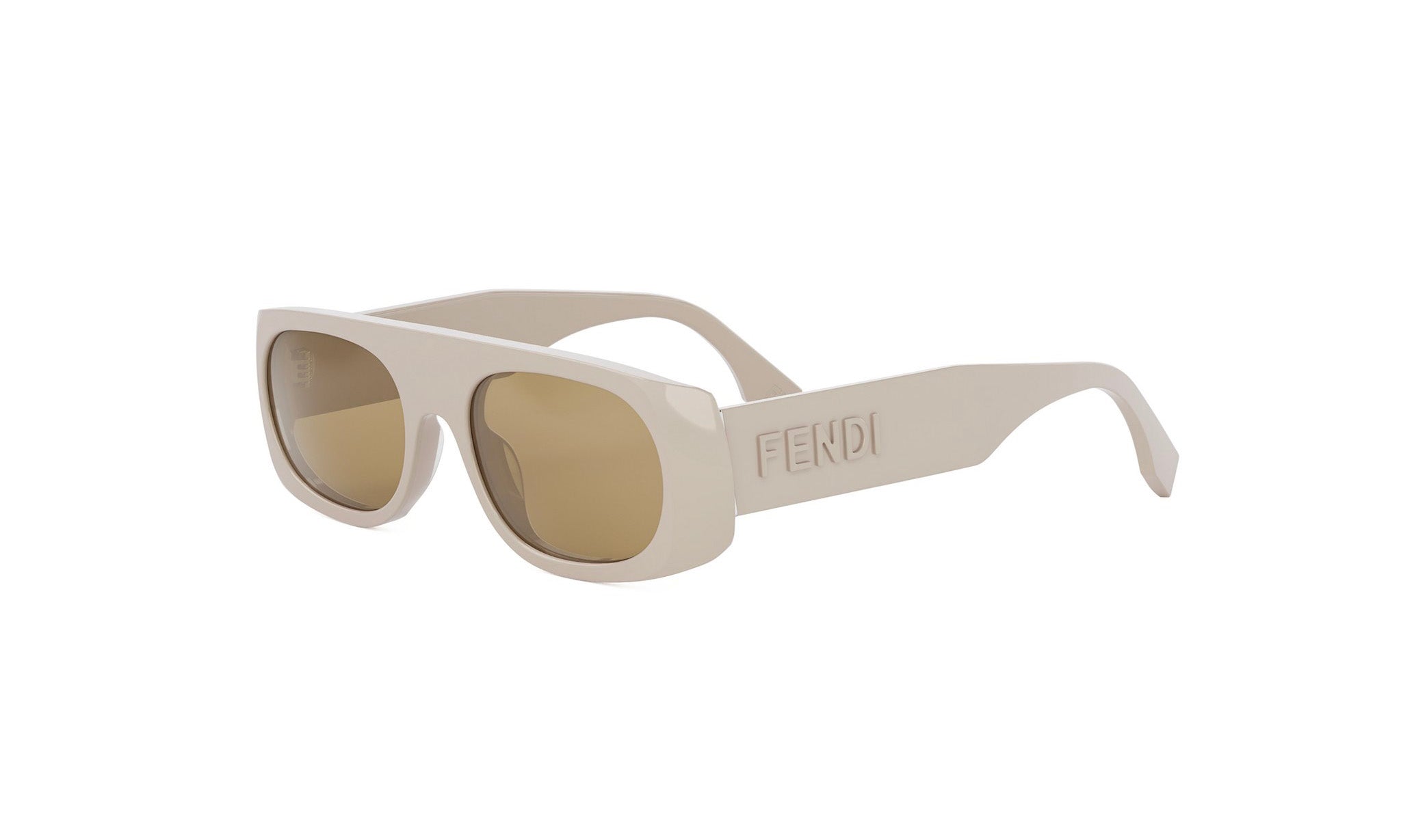 A pair of white Fendi sunglasses with a distinctive design.