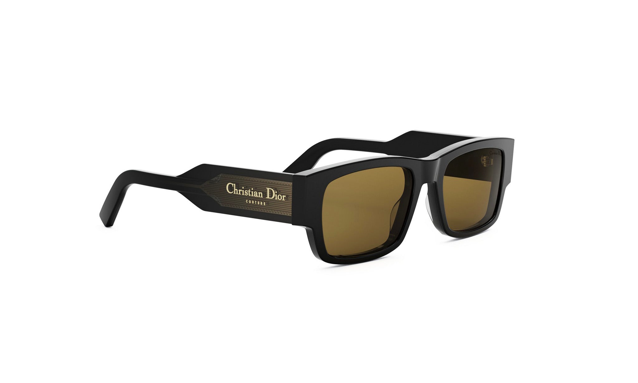 A pair of black sunglasses with a gold-colored frame and dark lenses.