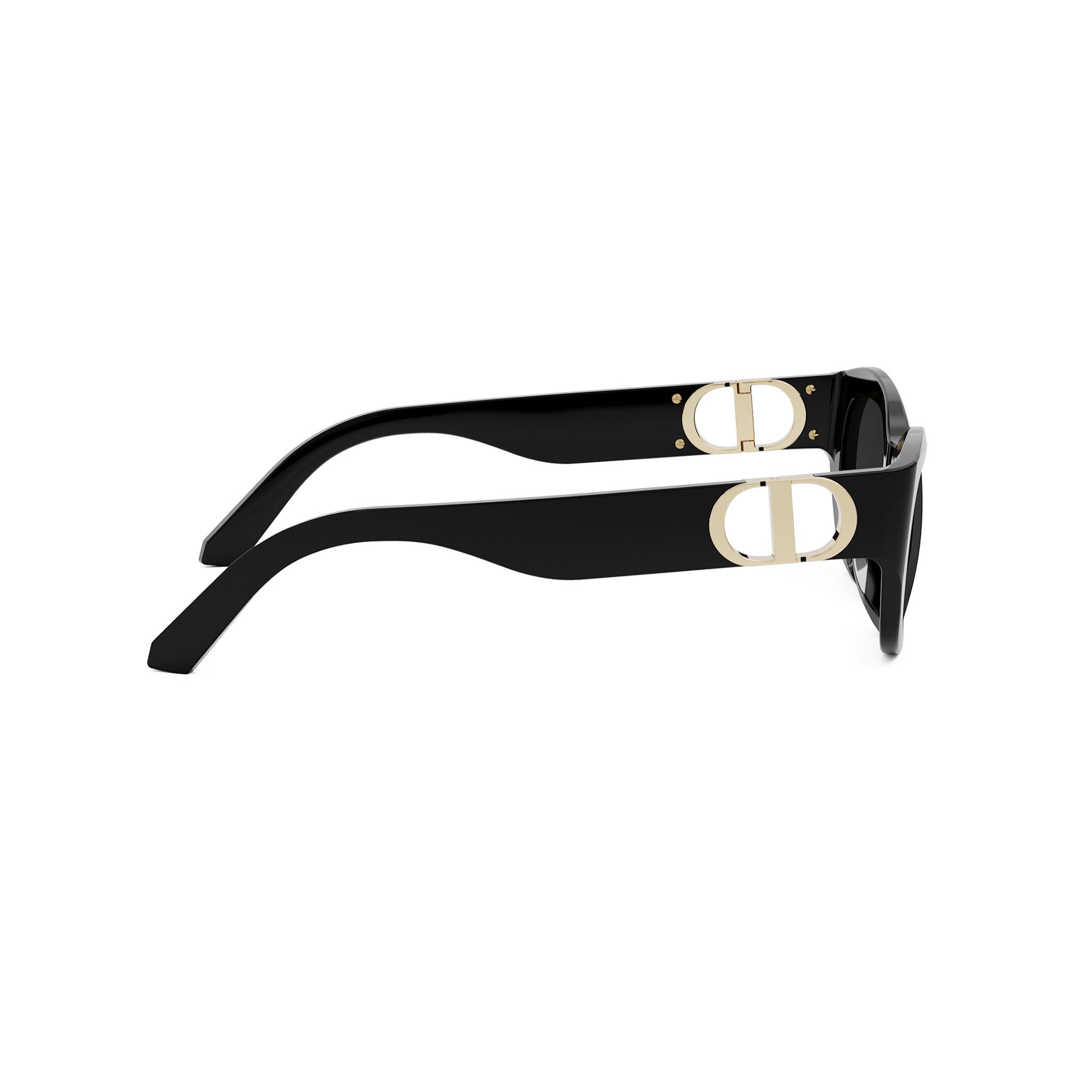 A pair of black sunglasses with gold Dior logo accents.