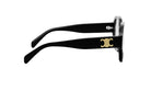 A pair of black sunglasses with a gold C logo on the frame.