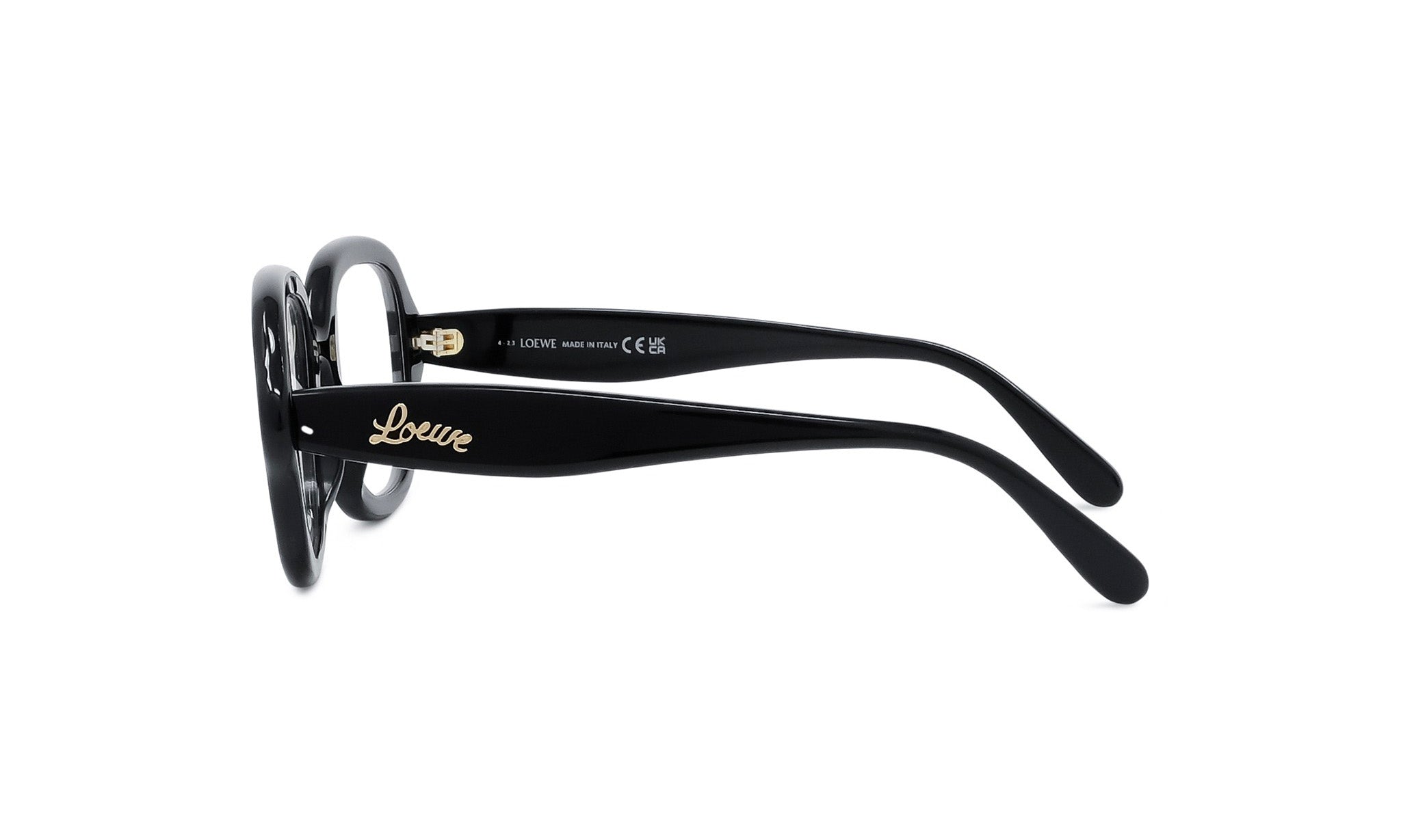 A pair of black framed glasses with a gold "Love" logo on the frame.