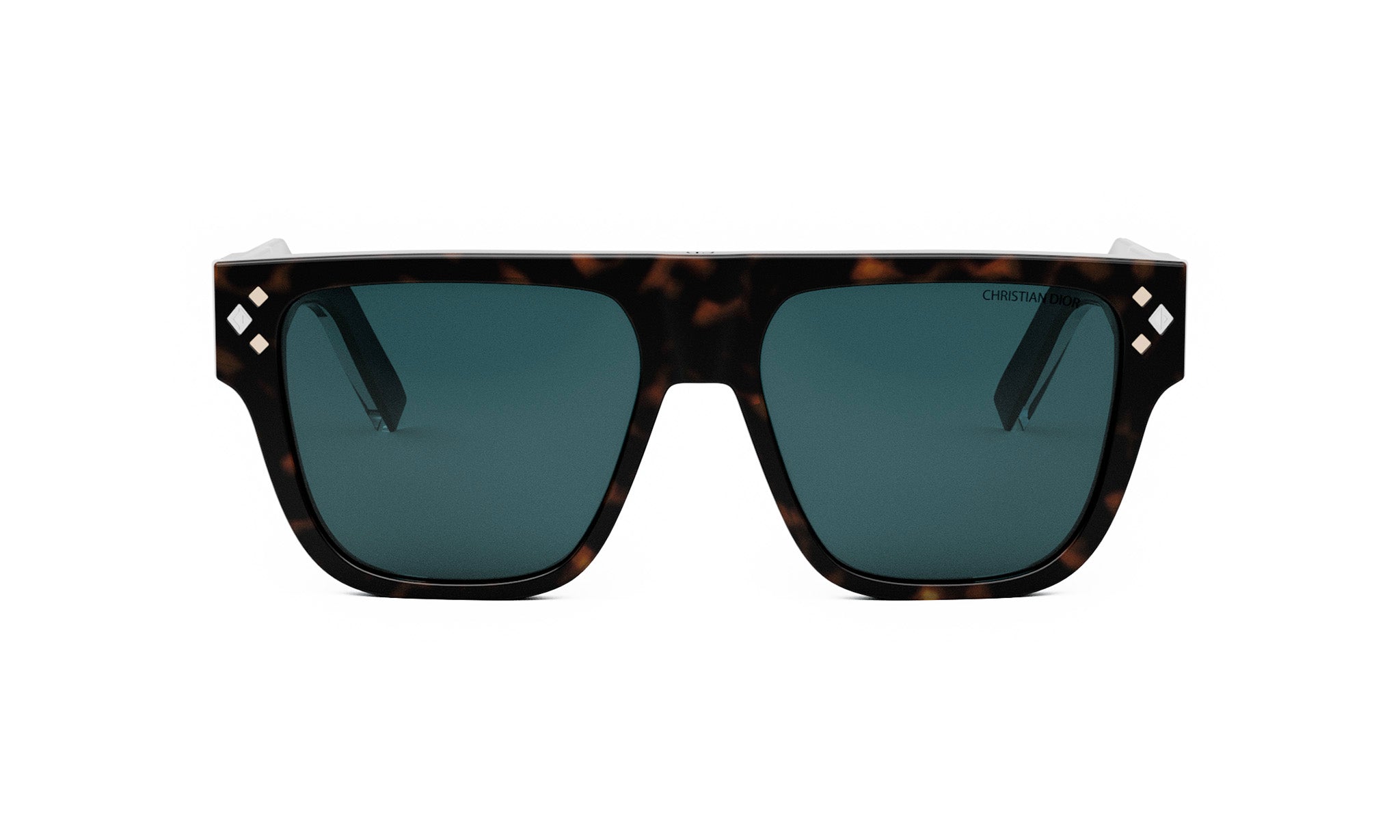 A pair of dark-framed sunglasses with dark lenses and diamond-shaped embellishments on the temples.